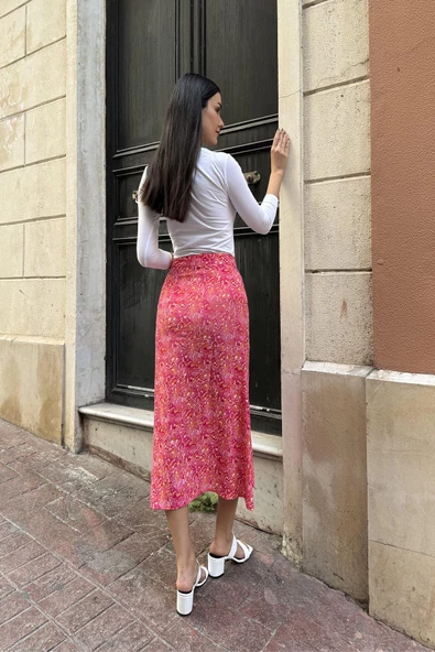 Doğal Viskon Çift Yırtmaç Desenli Fuşya Etek - Resim 2