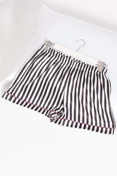 5'li Siyah Beyaz Çizgili Saten Pijama Şort Takım - 3