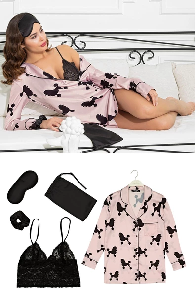 Saten 5 li Köpek Desenli Nightshirt Takım