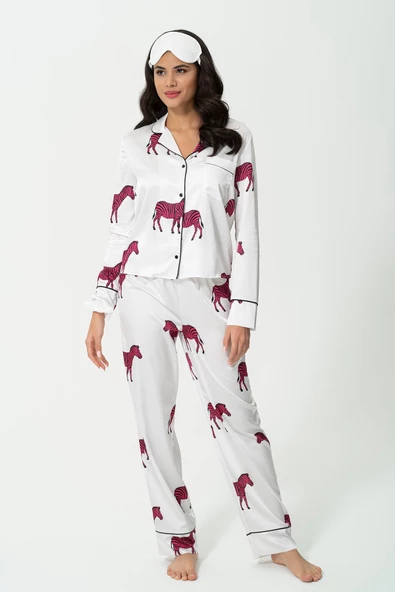 6'lı Zebra Desen Ekru Saten Pijama Takımı - 4