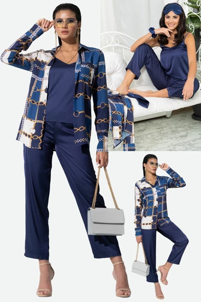 6'lı Hem İçeride Hem Dışarıda Zincir Desen Lacivert Pijama Takım - 2