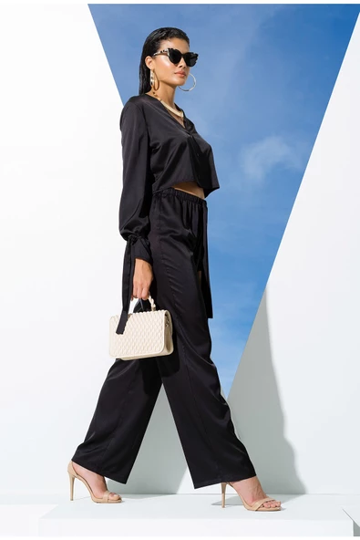 5'li İçeride&Dışarıda Kol Baglama Detaylı Siyah Pijama Takım - Resim 2