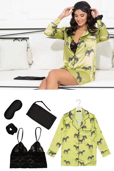Saten 5 li Zebra Desenli Nightshirt Takım