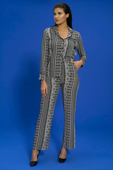 7'li Viskon Hem İçeride Hem Dışarıda Asimetrik Desen Siyah Pijama Takımı - 4