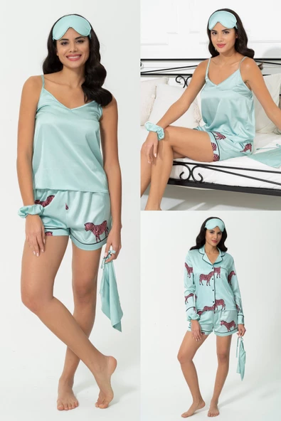 6'lı Zebra Desen Yeşil Saten Pijama Şort Takım - 2