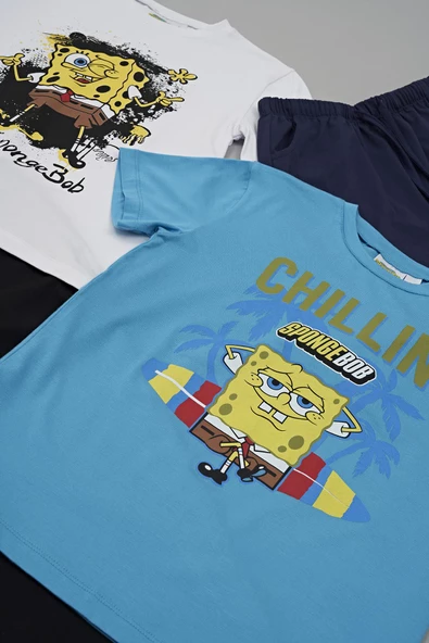 4'lü Sünger Bob Baskı Lacivert Tshirt Şort Pantolon Takım - 5