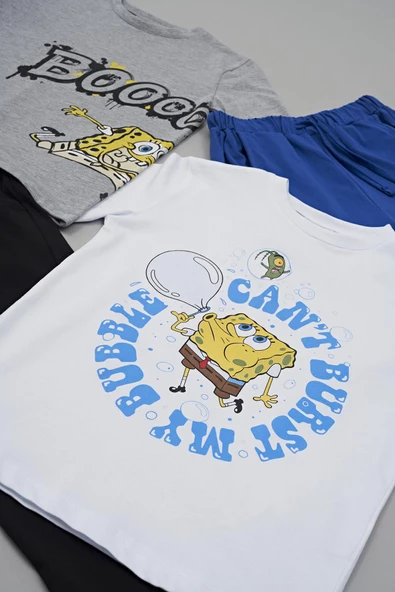 4'lü Sünger Bob Baskılı Tshirt Şort Pantolon Takım - 4