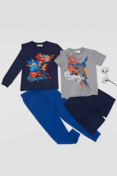 4'lü Süper Man Baskılı Lacivert Tshirt Şort Pantolon Takım - 2