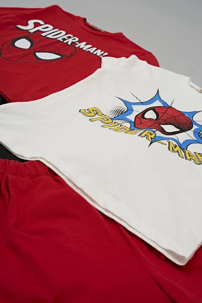4'lü SPİDER-MAN Baskılı Tshirt Şort Pantolon Kırmızı Takım - 5