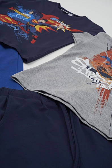 4'lü Süper Man Baskılı Lacivert Tshirt Şort Pantolon Takım - 3