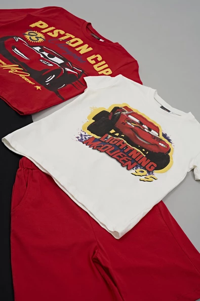 4'lü McQueen Baskılı Tshirt Şort Pantolon Kırmızı Takım - 5
