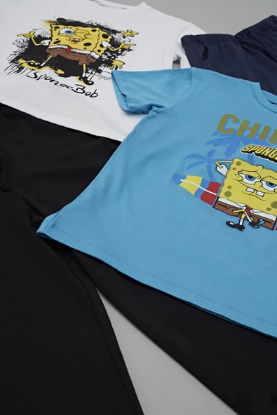4'lü Sünger Bob Baskı Lacivert Tshirt Şort Pantolon Takım - 2