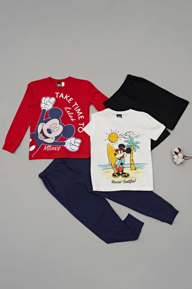 4'lü Mickey Mouse Baskılı Bej Tshirt Şort Pantolon Takım - 2