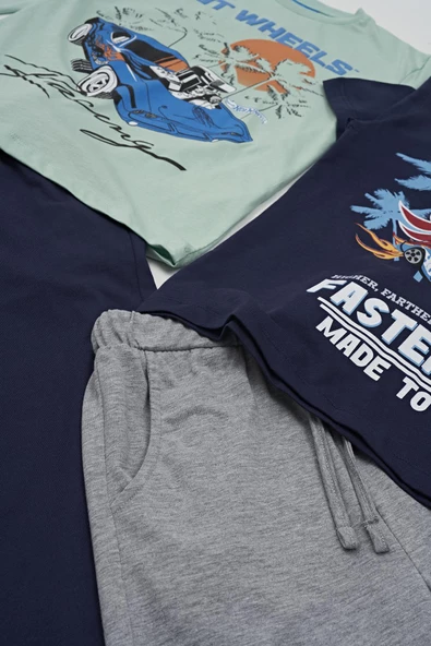 4'lü Hot Wheels Baskılı Tshirt Şort Pantolon Takım - Resim 3