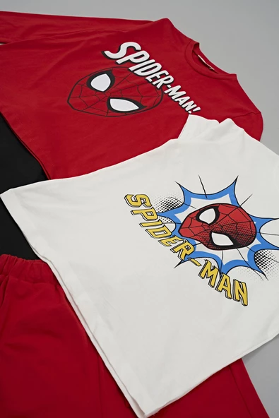 4'lü SPİDER-MAN Baskılı Tshirt Şort Pantolon Kırmızı Takım - 6