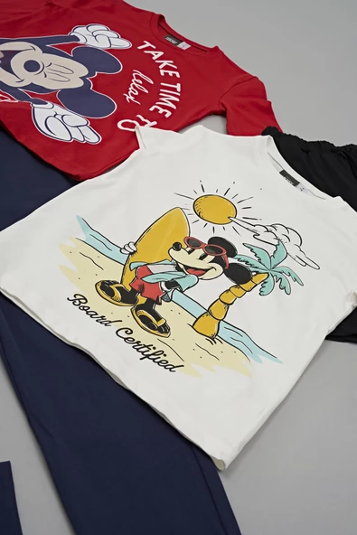 4'lü Mickey Mouse Baskılı Bej Tshirt Şort Pantolon Takım - 5
