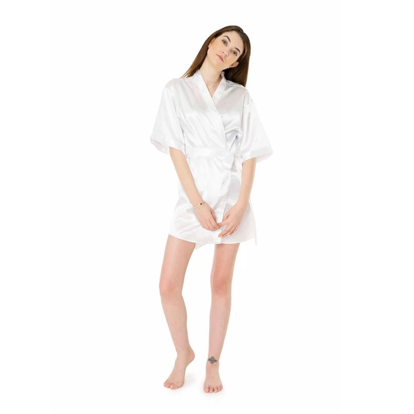 Saten Gümüş Bride Nakışlı Gelin Sabahlığı - 4