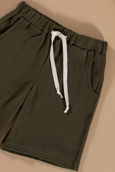 Çizgili Garnili Cepli Yeşil Tshirt Şort Takım - 3