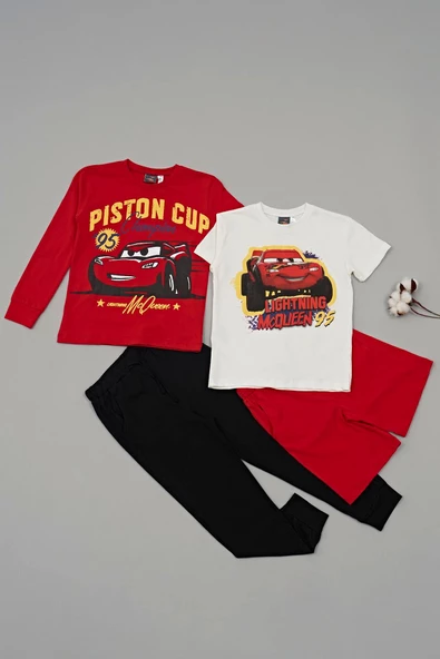 4'lü McQueen Baskılı Tshirt Şort Pantolon Kırmızı Takım - 2