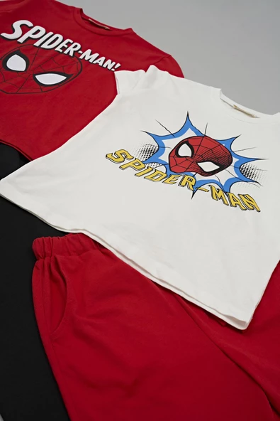 4'lü SPİDER-MAN Baskılı Tshirt Şort Pantolon Kırmızı Takım - 3