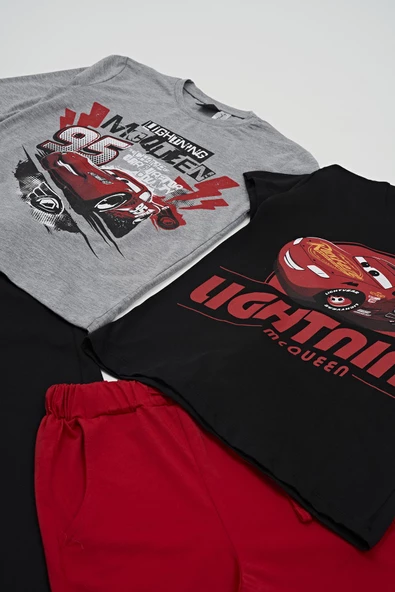 4'lü McQueen Baskılı Tshirt Şort Pantolon Siyah Takım - 4
