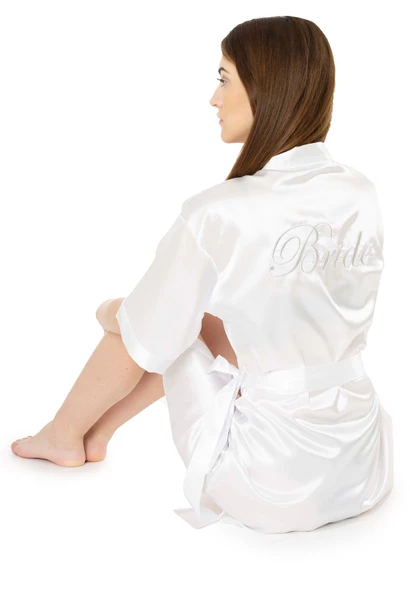 Saten Gümüş Bride Nakışlı Gelin Sabahlığı - 3