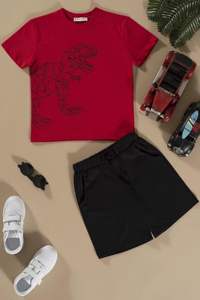 Dinozor Baskılı Siyah Alt Üst Şort Takım ürün görseli
