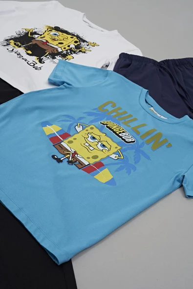 4'lü Sünger Bob Baskı Lacivert Tshirt Şort Pantolon Takım - 3