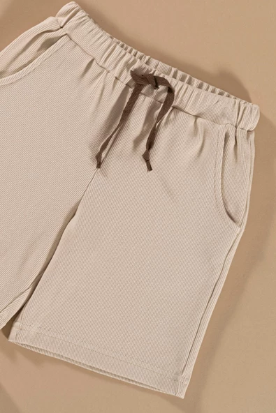 Çizgili Garnili Düğmeli Taş Tshirt Şort Takım - Resim 3