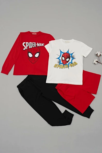 4'lü SPİDER-MAN Baskılı Tshirt Şort Pantolon Kırmızı Takım - 2