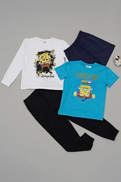 4'lü Sünger Bob Baskı Lacivert Tshirt Şort Pantolon Takım - 4