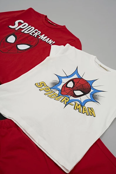 4'lü SPİDER-MAN Baskılı Tshirt Şort Pantolon Kırmızı Takım - 4