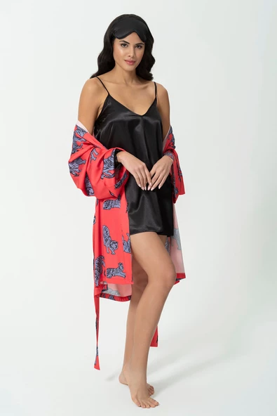 5'li Kaplan Kırmızı Saten Sabahlık Gecelik TK - Resim 2