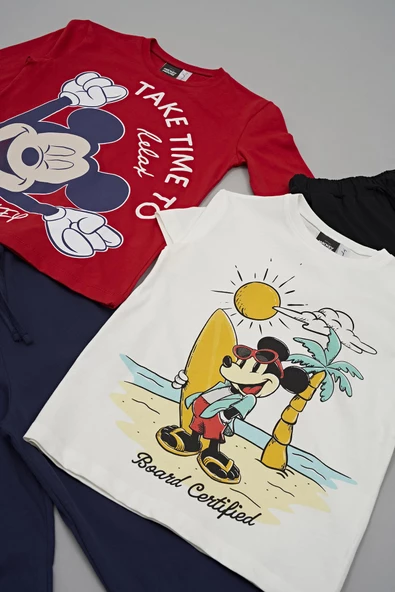 4'lü Mickey Mouse Baskılı Bej Tshirt Şort Pantolon Takım - 4