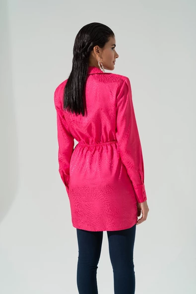 Saten Jakarlı Vatkalı Pembe Gömlek - 3