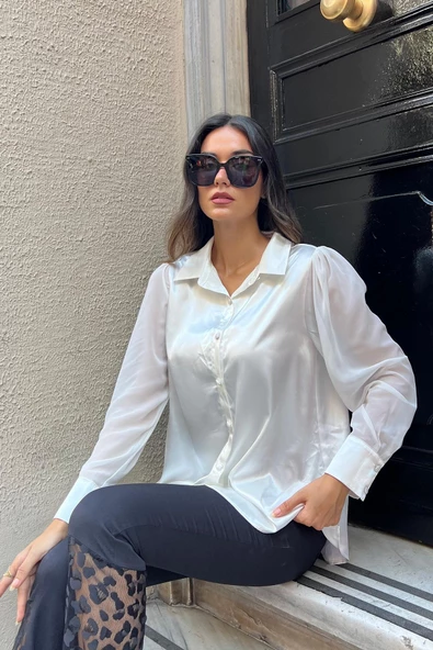 Kolu Şifon Detaylı Beyaz Saten Gömlek - 4