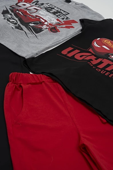 4'lü McQueen Baskılı Tshirt Şort Pantolon Siyah Takım - 3