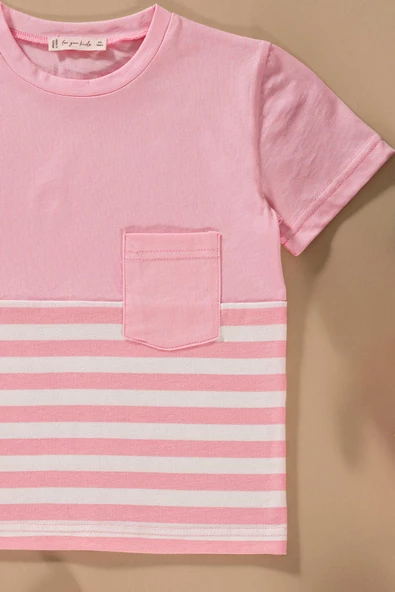 Çizgili Garnili Cepli Pembe Tshirt Şort Takım - Resim 2