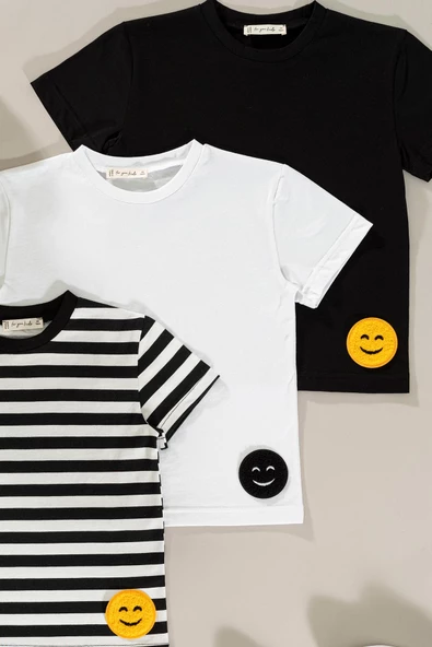 3'lü Emoji Detaylı Siyah Beyaz Çizgili Erkek Çocuk Tshirt - 2