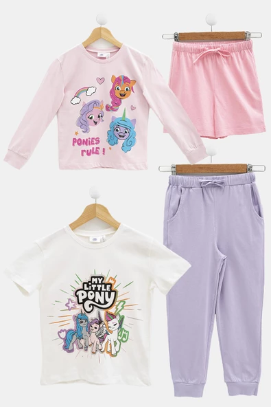 4'lü My Little Ponny Tshirt Şort Pantolon Pembe Takım