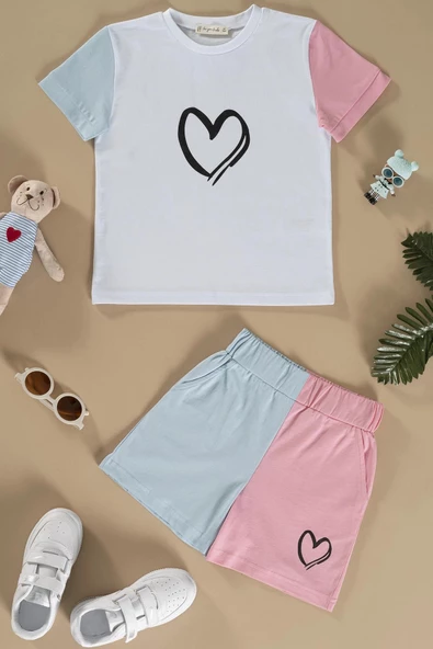 Kalp Baskılı Pembe Tshirt Şort Takım ürün görseli