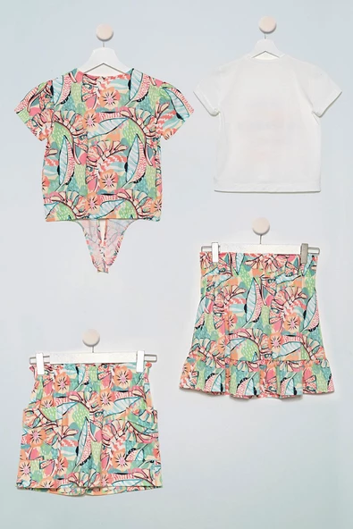 4'lü Tshirt Gömlek Etek Şort Yeşil Takım - 2