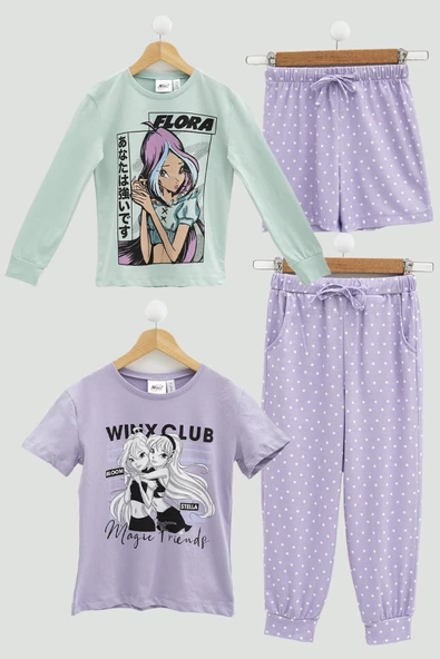 4'lü Winx Baskılı Tshirt Şort Pantolon Lila Takım