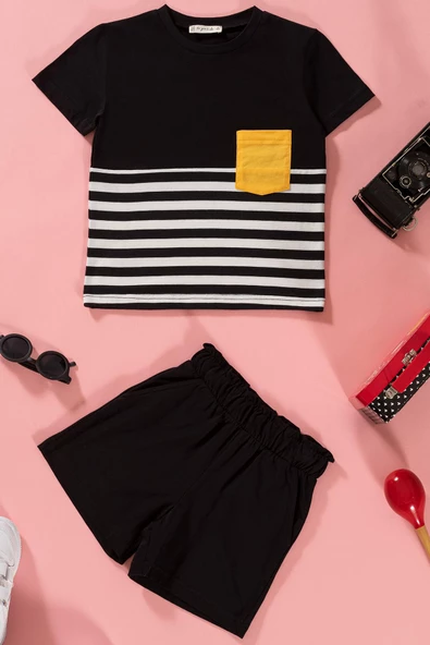 Çizgili Cepli Siyah T-shirt Şort Takım ürün görseli 1