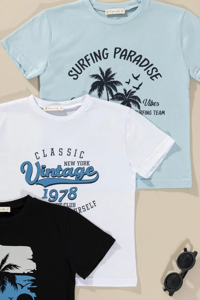 3'lü Safari Baskılı Siyah Beyaz Mavi Tshirt - 2