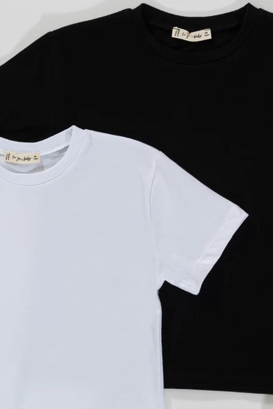 2'li Etiket Detaylı Siyah Beyaz T-shirt - 2