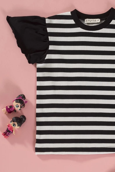 Çizgili Volanlı Kol Tshirt Şort Siyah Takım - Resim 2