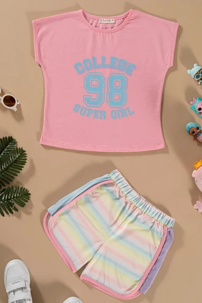 Baskılı Yarasa Kol Garni Detaylı Pembe Alt Üst Takım ürün görseli 1