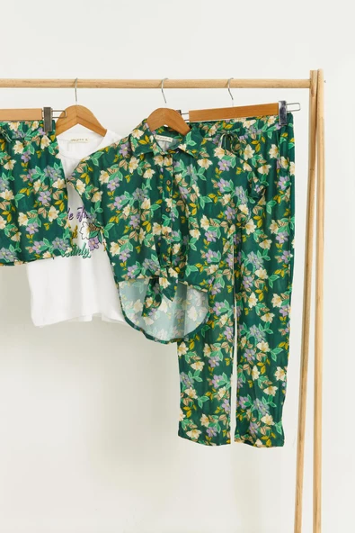 4'lü Tshirt Gömlek Pantolon Şort Yeşil Takım - 3