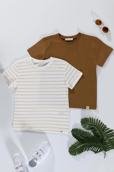 2'li Cizgili Taş Beyaz Tshirt ürün görseli